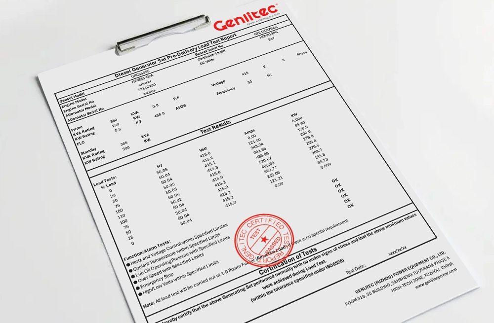 GENLITEC POWER generator load test report GENLITEC POWER generator load test report